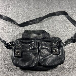 Vintage 90s Y2K TOMMY HILFIGER Leather Satchel Handbag Shoulder Bag BLACK